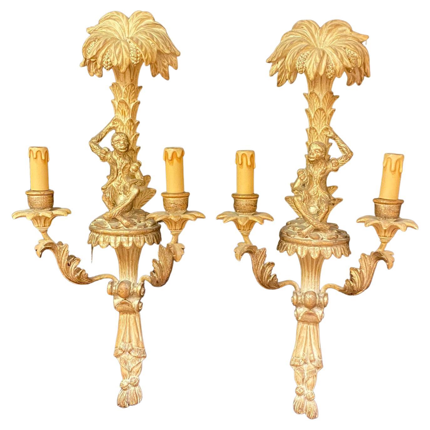 Pair of "monkey" sconces in wood and gilded stucco. , XVIII style For Sale