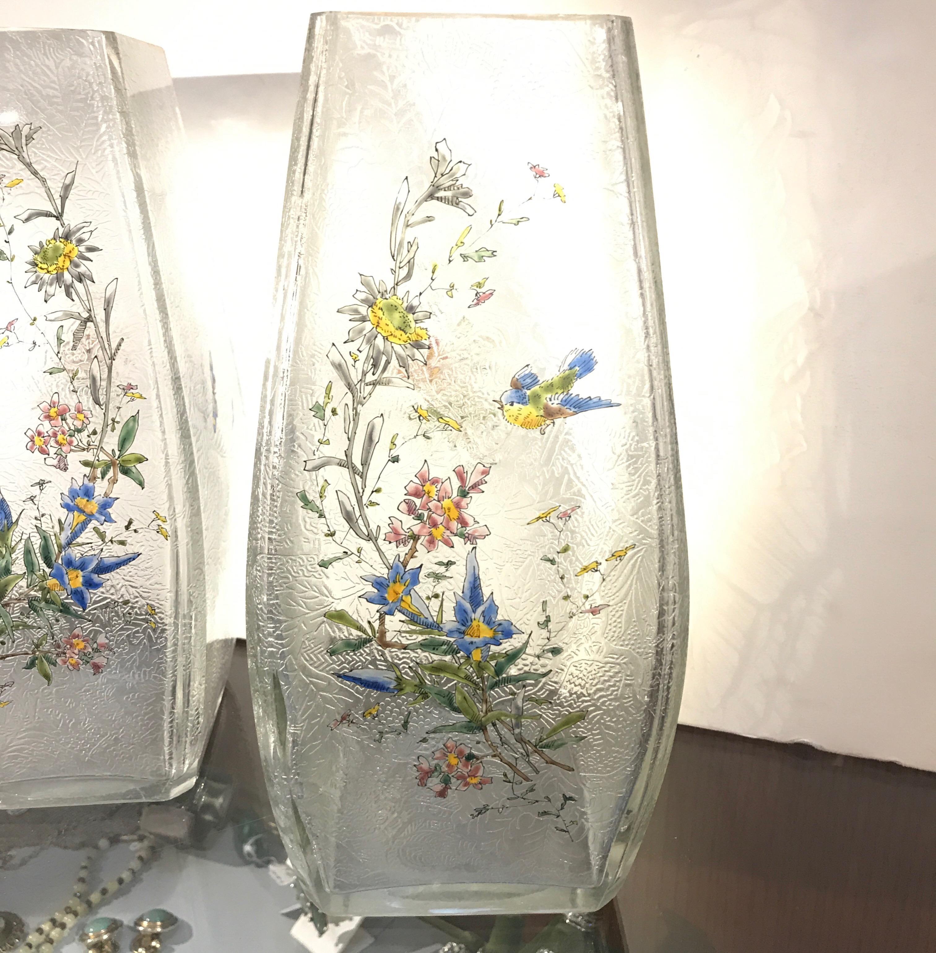 Aesthetic Movement Pair of Mont Joye Enameled Etched Glass Vases