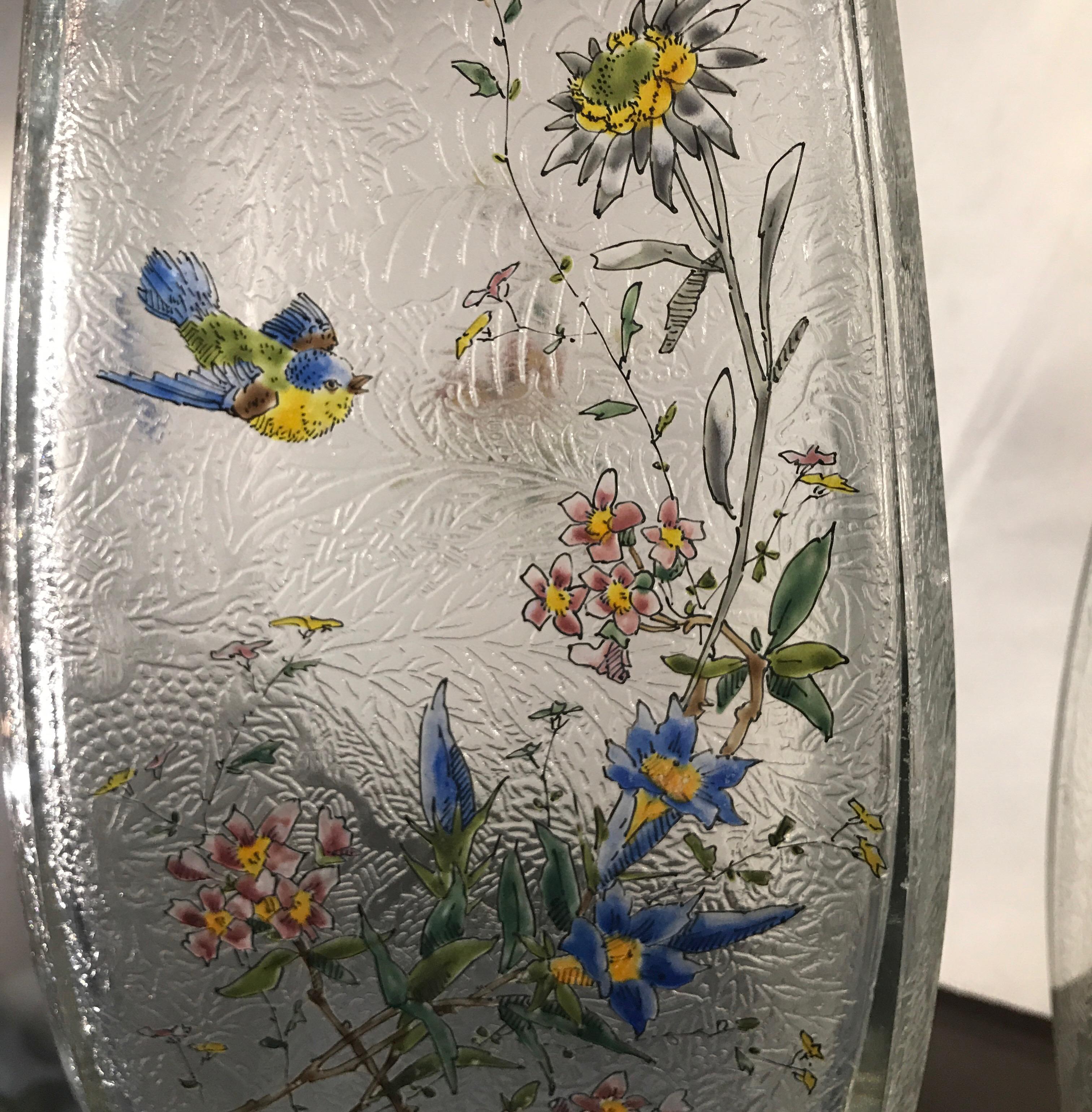 French Pair of Mont Joye Enameled Etched Glass Vases