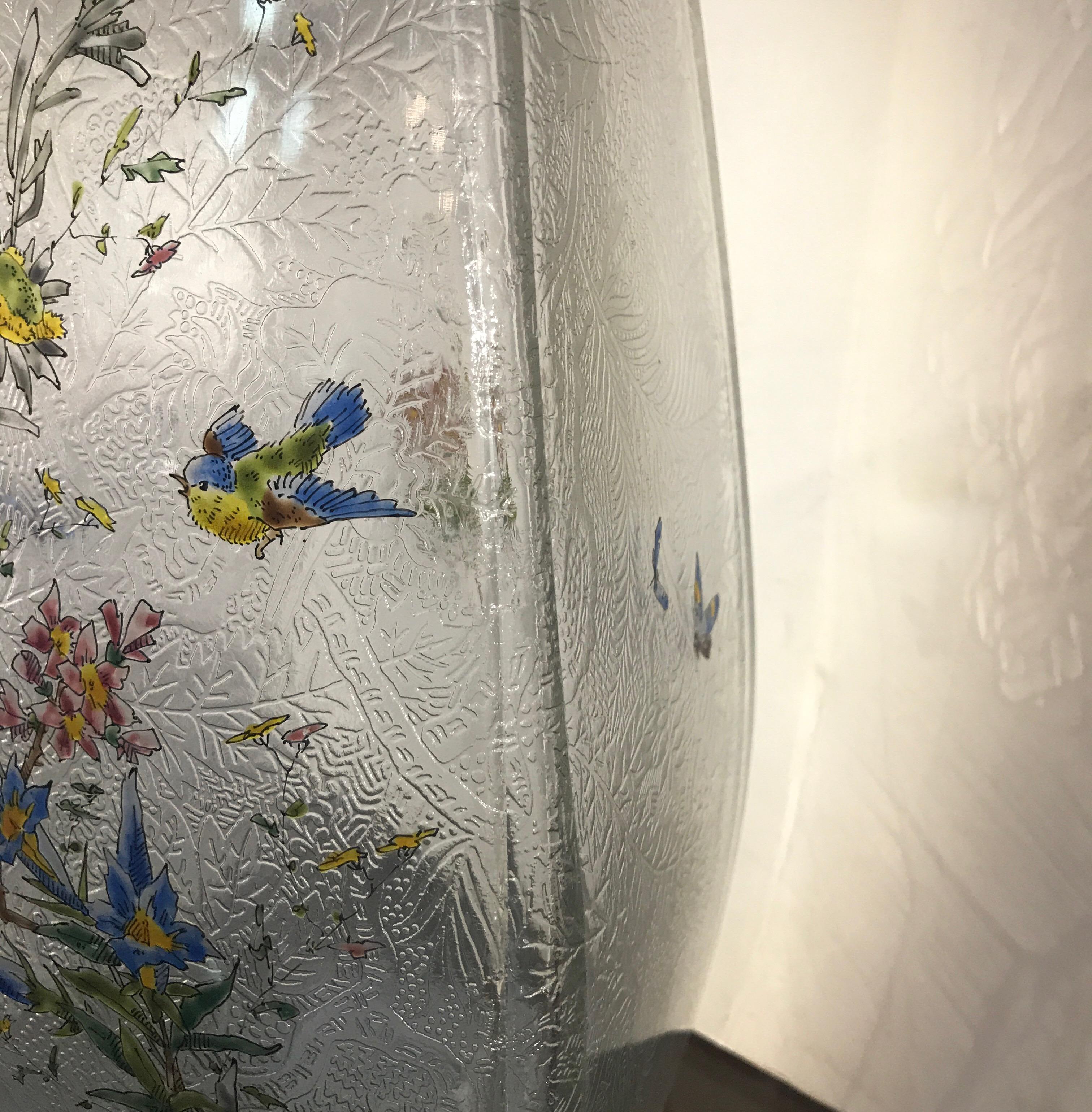 Pair of Mont Joye Enameled Etched Glass Vases In Good Condition In Lambertville, NJ