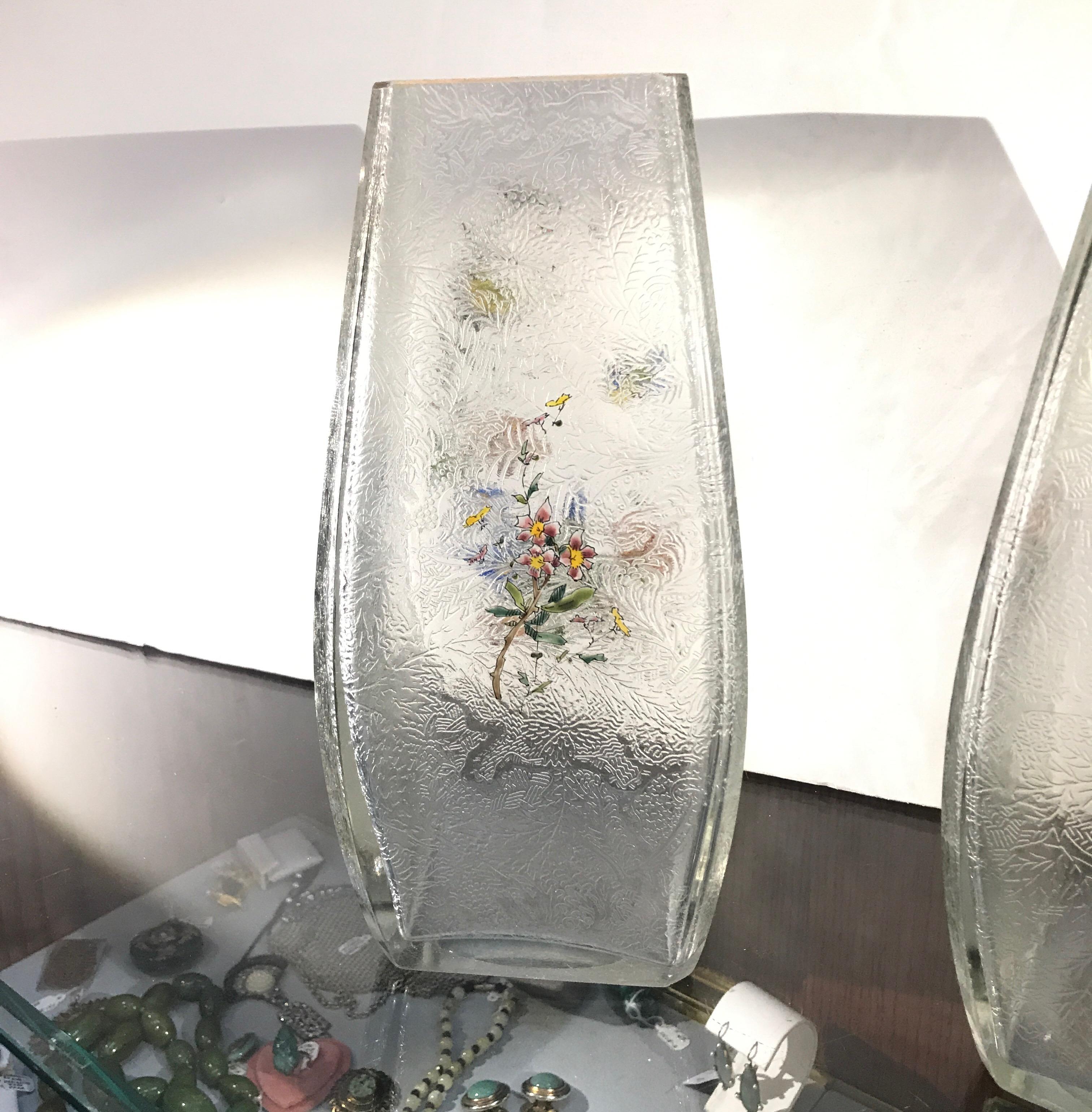 Late 19th Century Pair of Mont Joye Enameled Etched Glass Vases