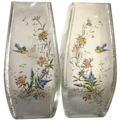Pair of Mont Joye Enameled Etched Glass Vases