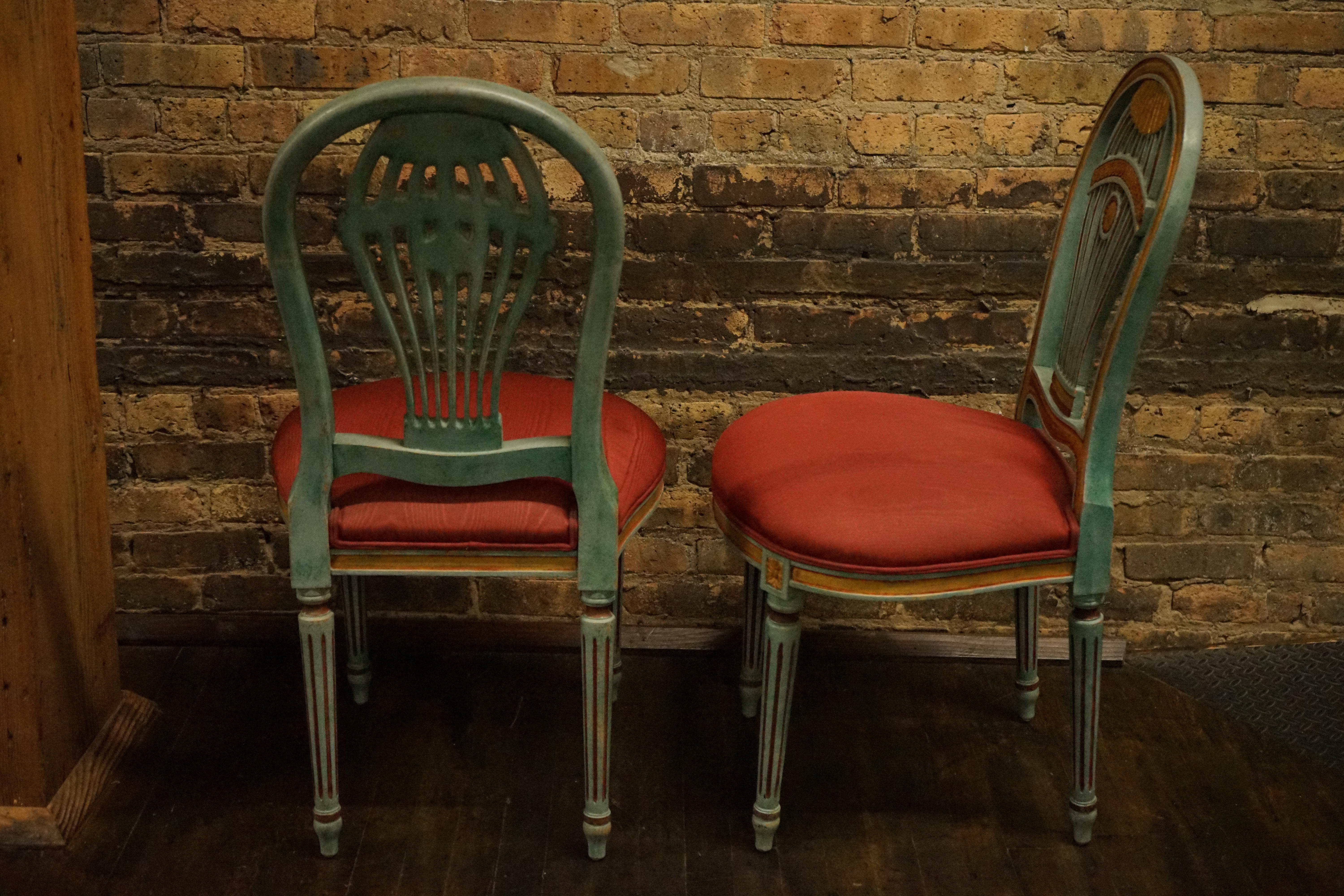Italian Pair of Montgolfier Style Balloon Back Chairs with Red Silk Upholstered Seats For Sale