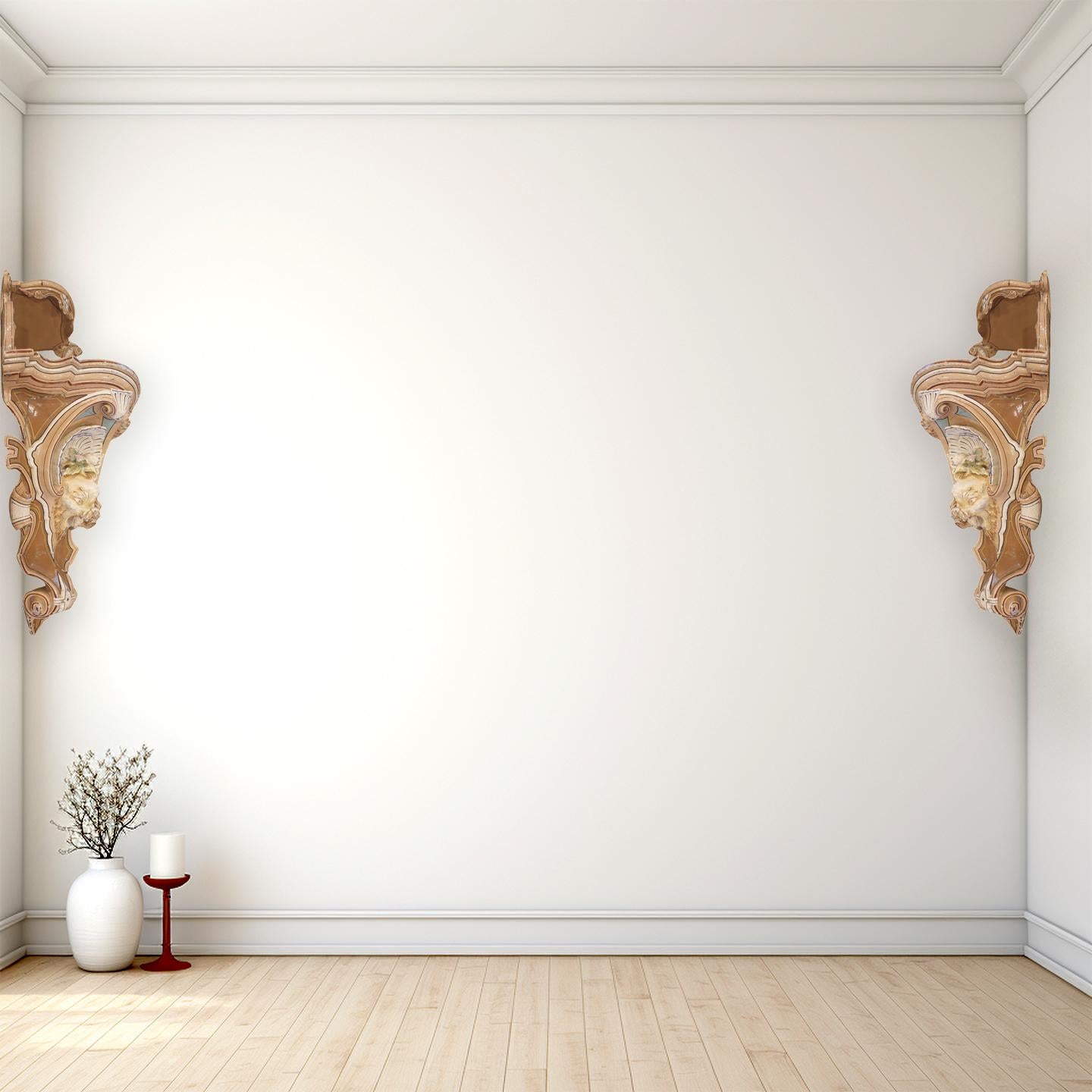 Anonimo
ca. 1725-50; Italia
Legno di pino policromo

Dimensioni approssimative: 38,5 (h) x 24 (l) x 16,5 (p) pollici.

Questa coppia di mensole da parete angolari monumentali a due livelli è una sopravvivenza unica e interessante del XVIII secolo