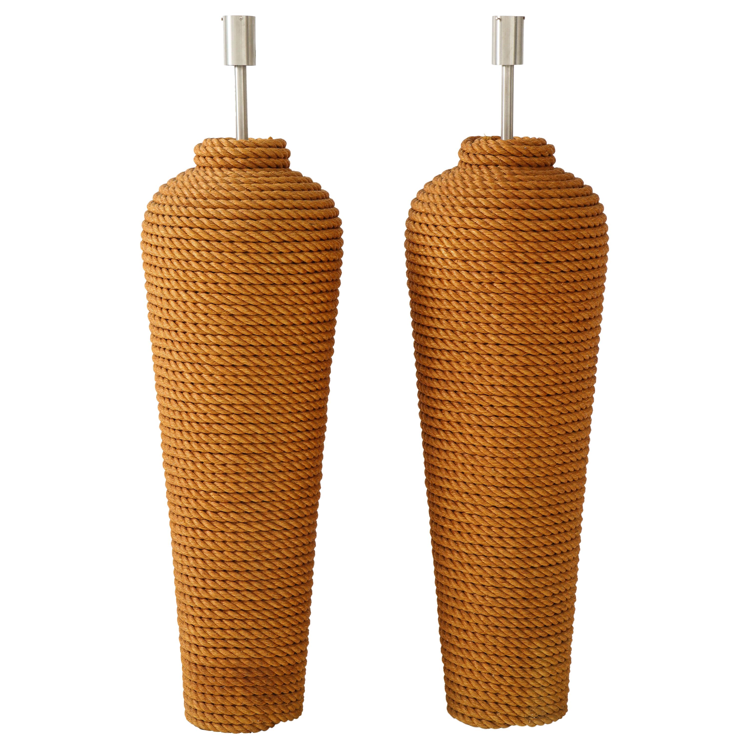Pair of Monumental 1960s French Rope Floor Lamps