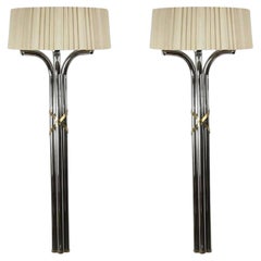Pair of Monumental 1970s Chrome and Brass Wall Sconces, Jansen Style