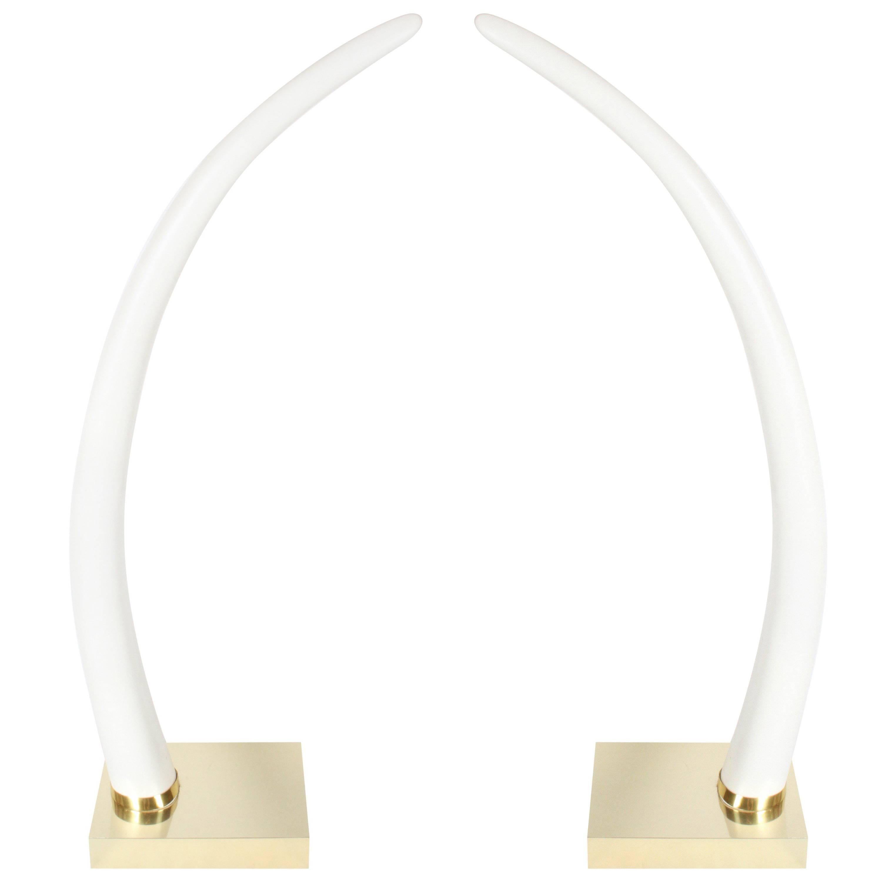 Pair of Monumental 1970s Faux Elephant Tusks on Brass Bases
