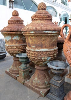 Pair of Monumental 1990s Classical Cast Iron Garden Urn Planters w/ Lids