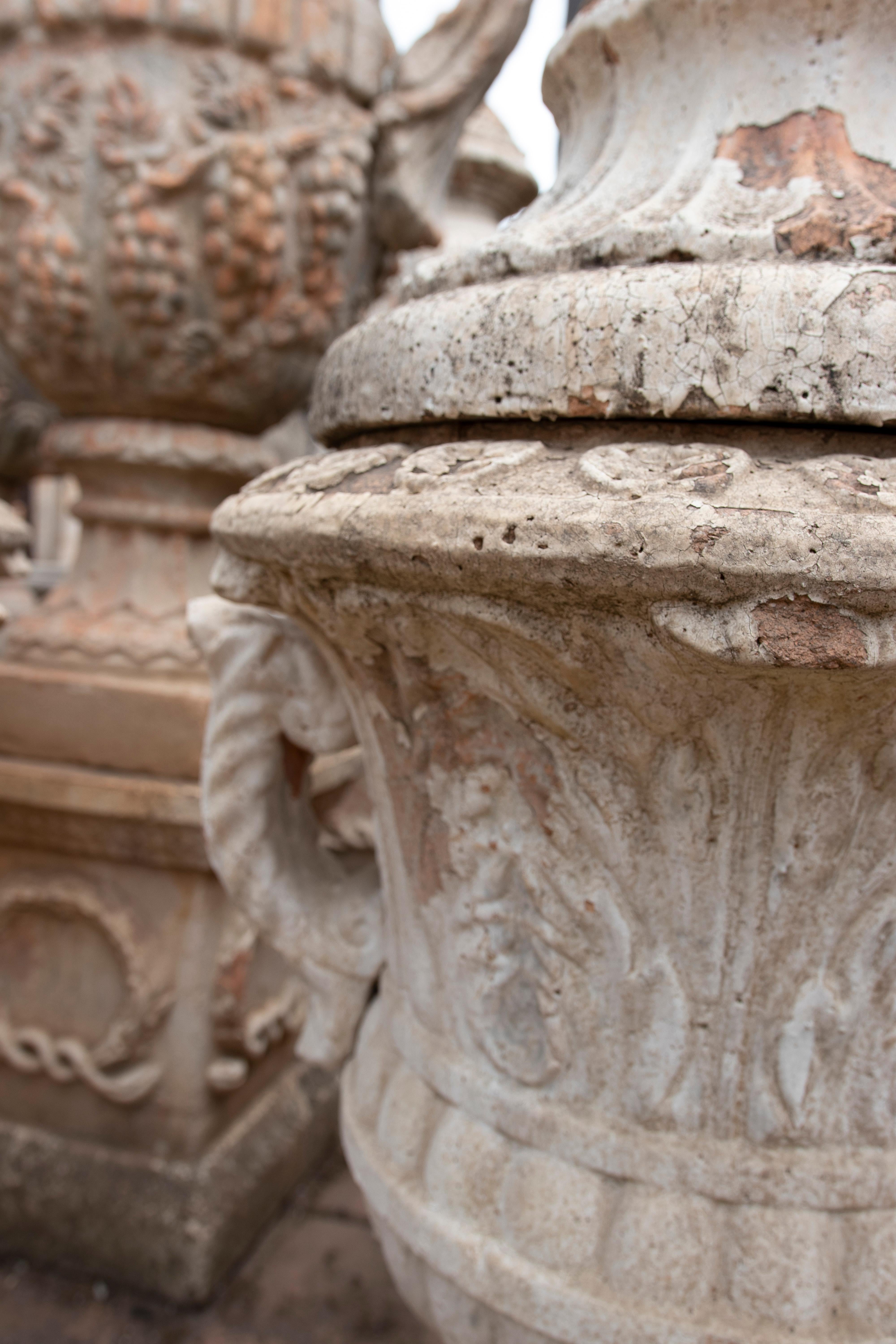 Pair of Monumental 1990s French Natural Terracotta Garden Urn Planters w/ Lids 16