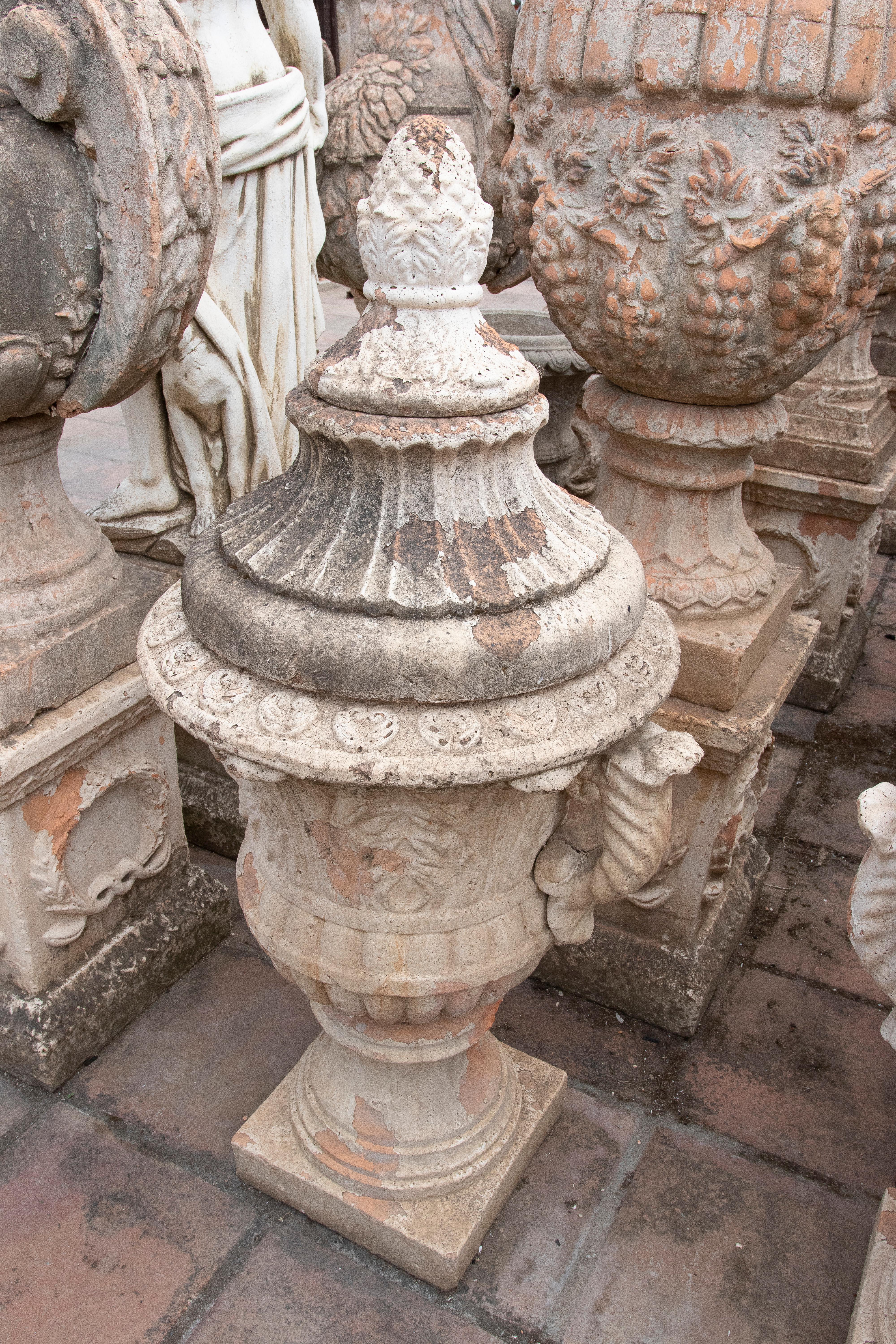 Pair of Monumental 1990s French Natural Terracotta Garden Urn Planters w/ Lids In Good Condition In Marbella, ES