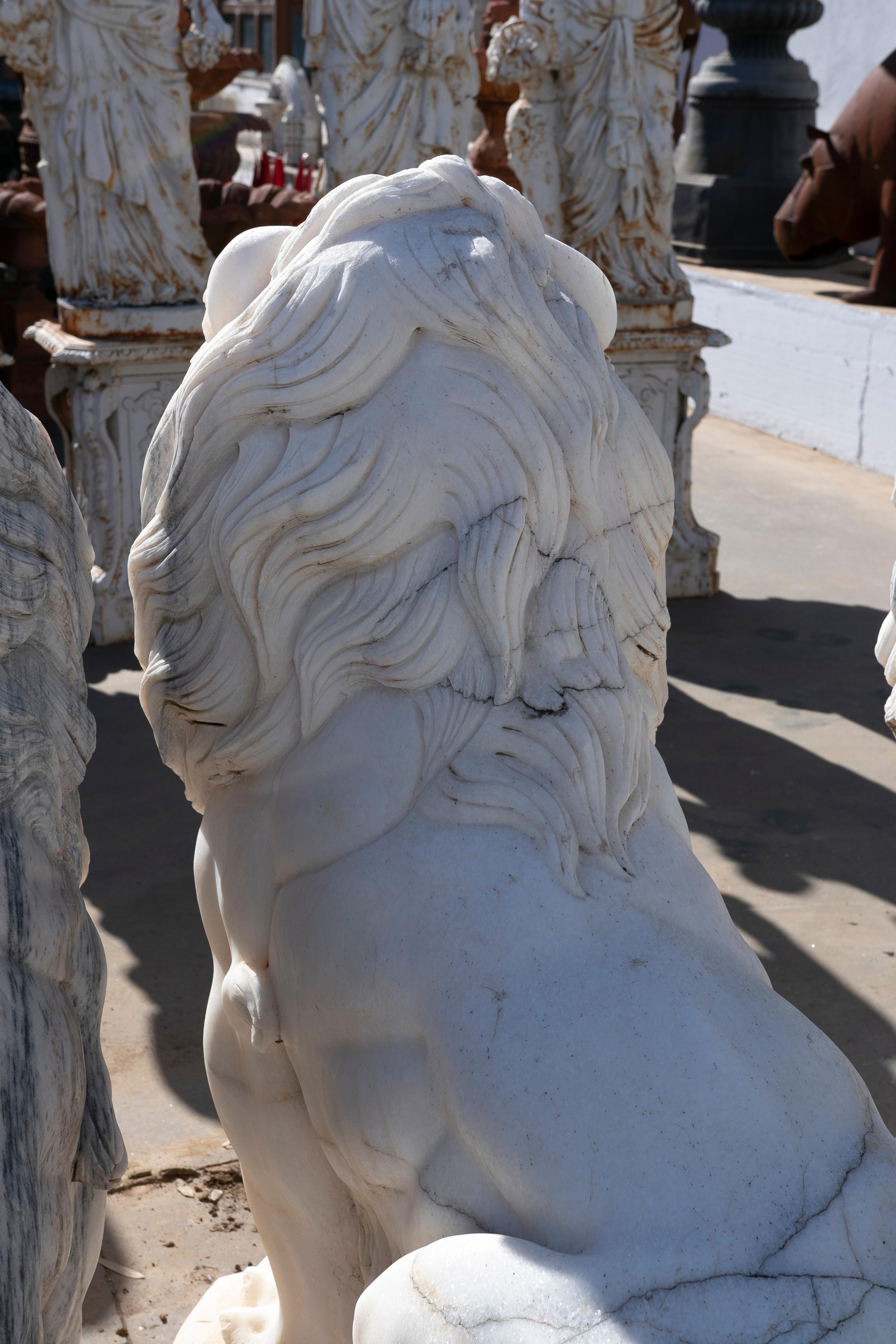 Pair of Monumental 1990s Spanish Handcarved White Marble Neoclassical Lions 10