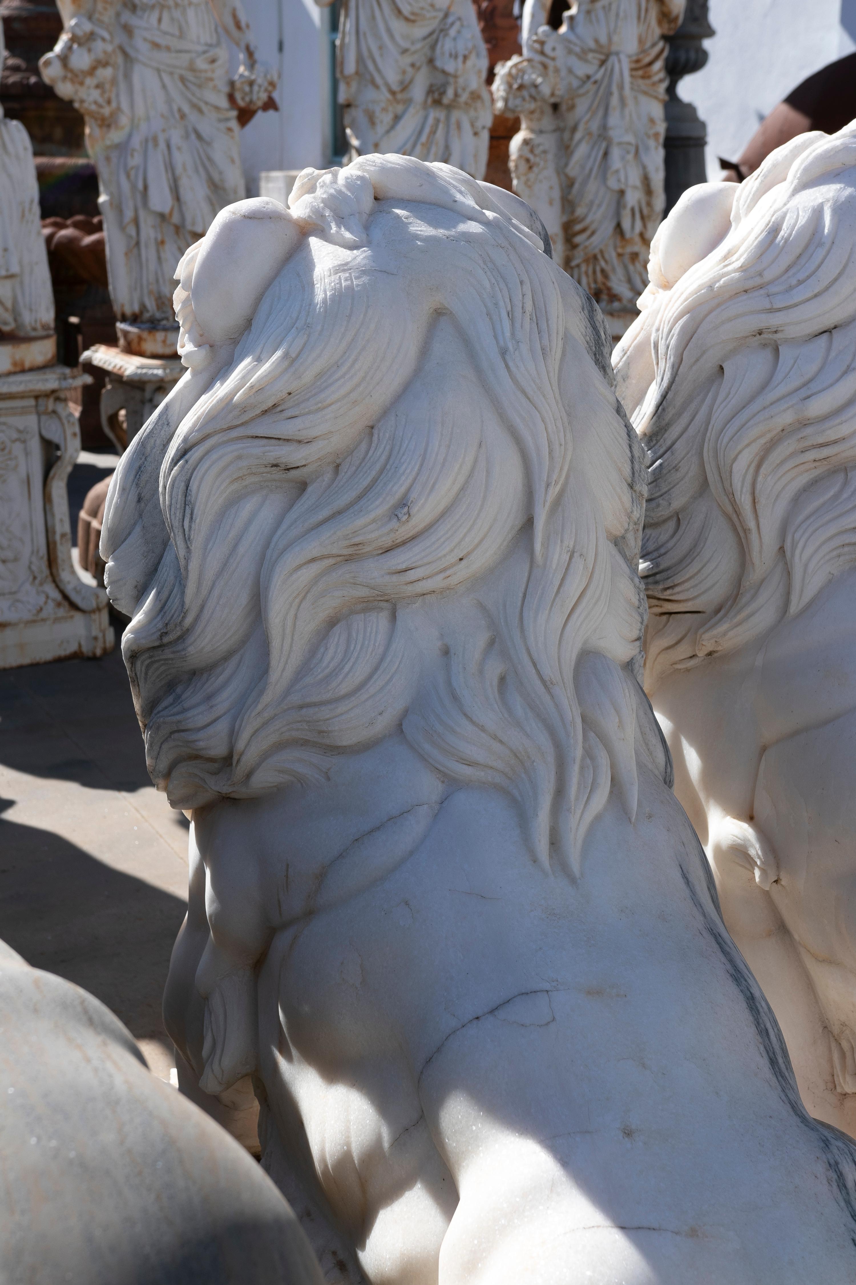Pair of Monumental 1990s Spanish Handcarved White Marble Neoclassical Lions 12