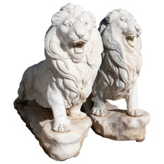 Pair of Monumental 1990s Spanish Handcarved White Marble Neoclassical Lions