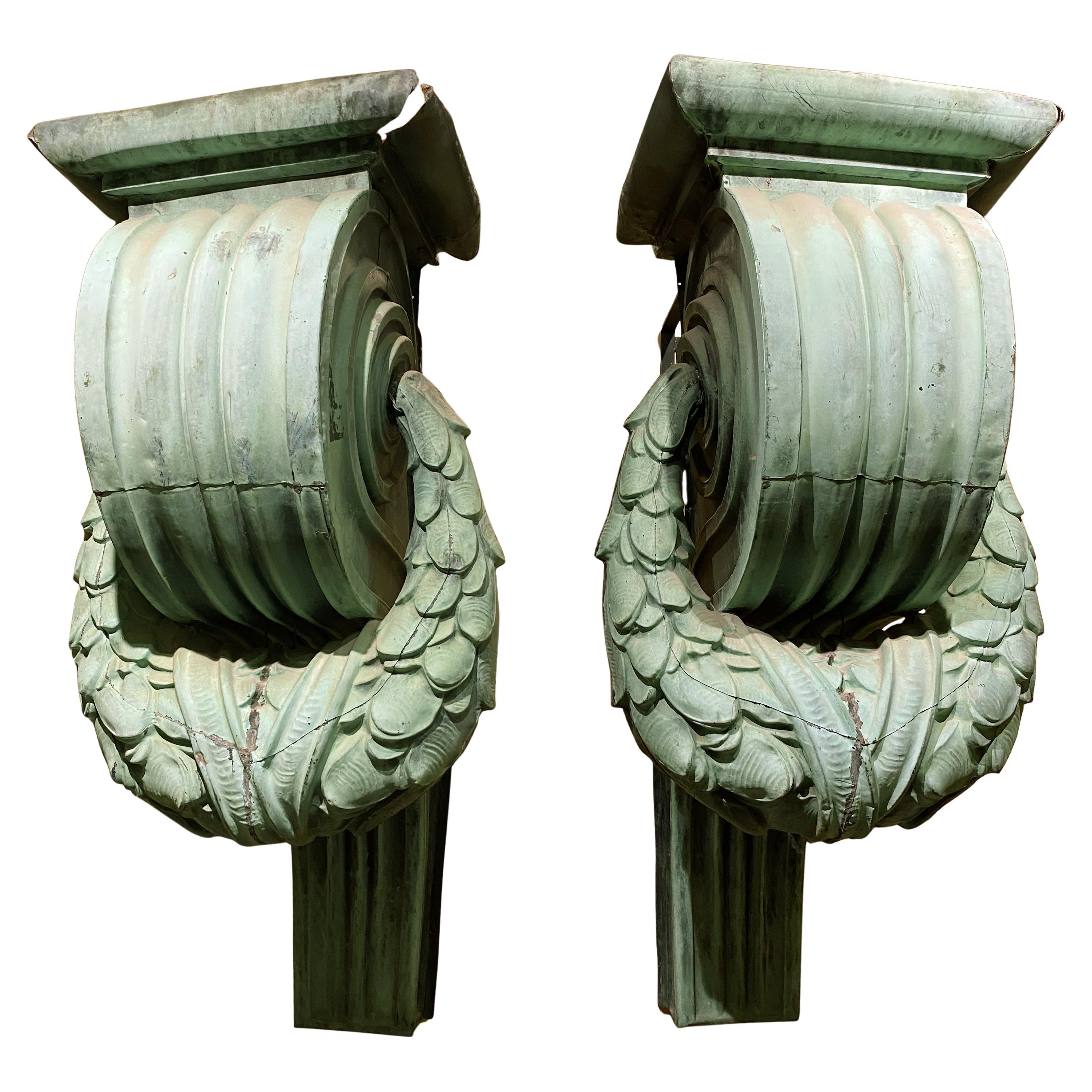 Pair of Monumental 19th century Architectural Scrolled Copper Corbels For Sale