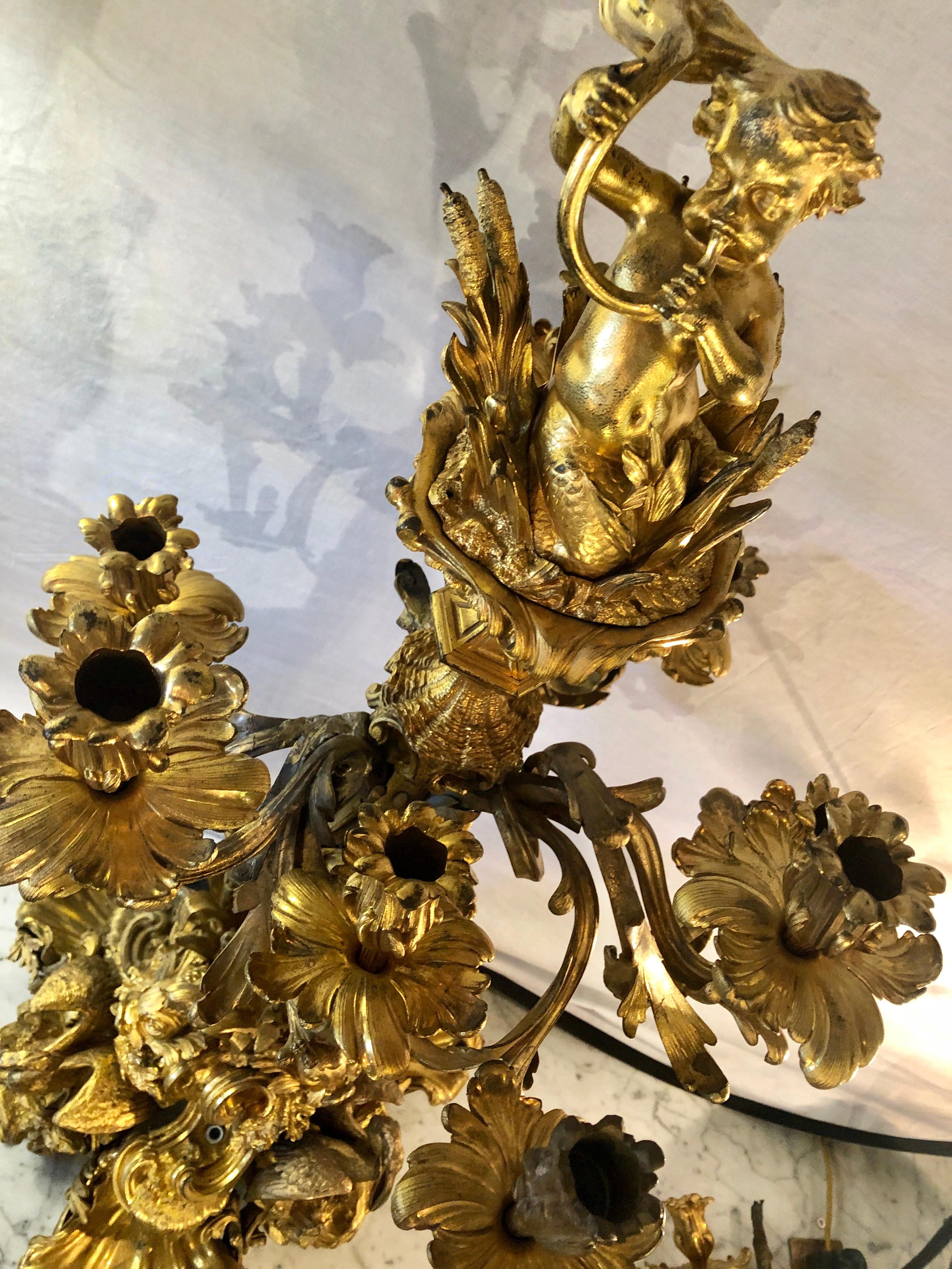 Pair of Monumental 19th Century Gilt Bronze Louis XV Nine Light Candelabrum In Distressed Condition In Stamford, CT