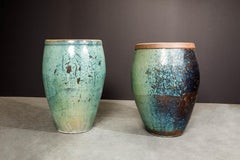 Pair of Monumental 40"+ Tall Teal Blue Glazed Ceramic Planters, circa 1990s