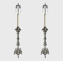 Pair Monumental 60” H, 9Th C. Victorian Silver-Plated Altar Pricket Floor Lamps