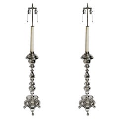 Pair Monumental 60” H, 9Th C. Victorian Silver-Plated Altar Pricket Floor Lamps