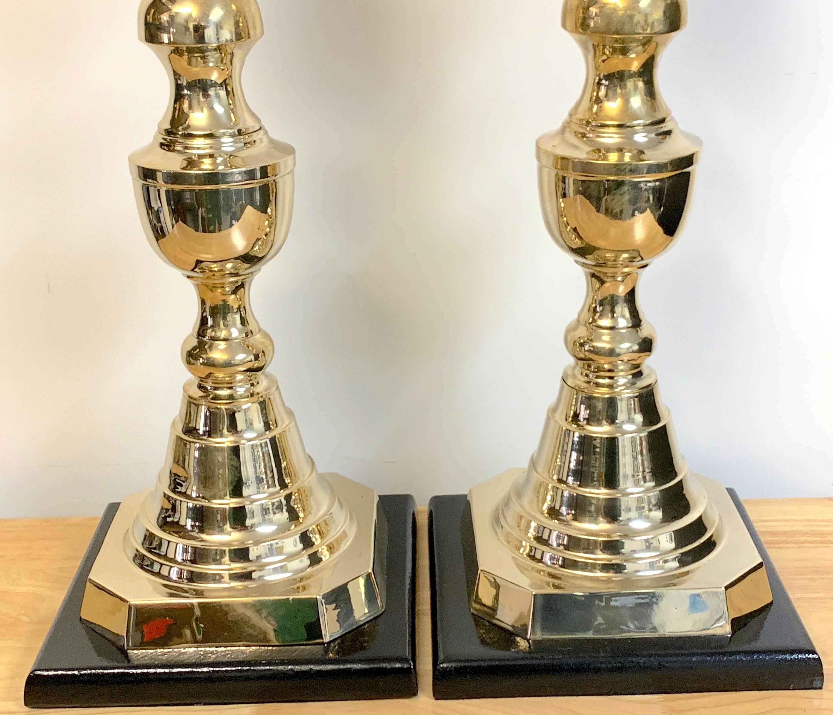 English Pair of Monumental 'Ace of Diamonds' Brass Candlestick Lamps For Sale