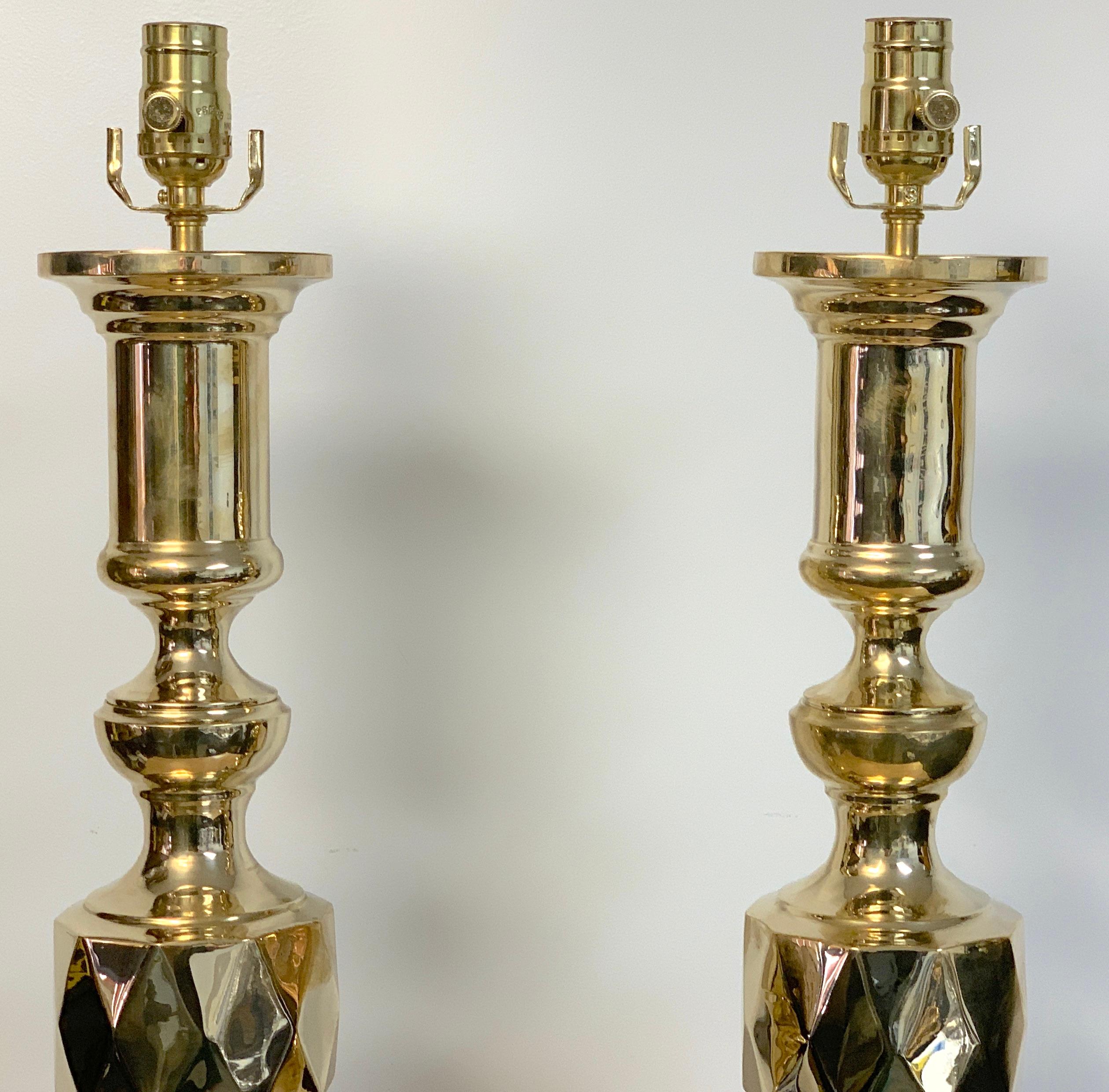 Polished Pair of Monumental 'Ace of Diamonds' Brass Candlestick Lamps For Sale