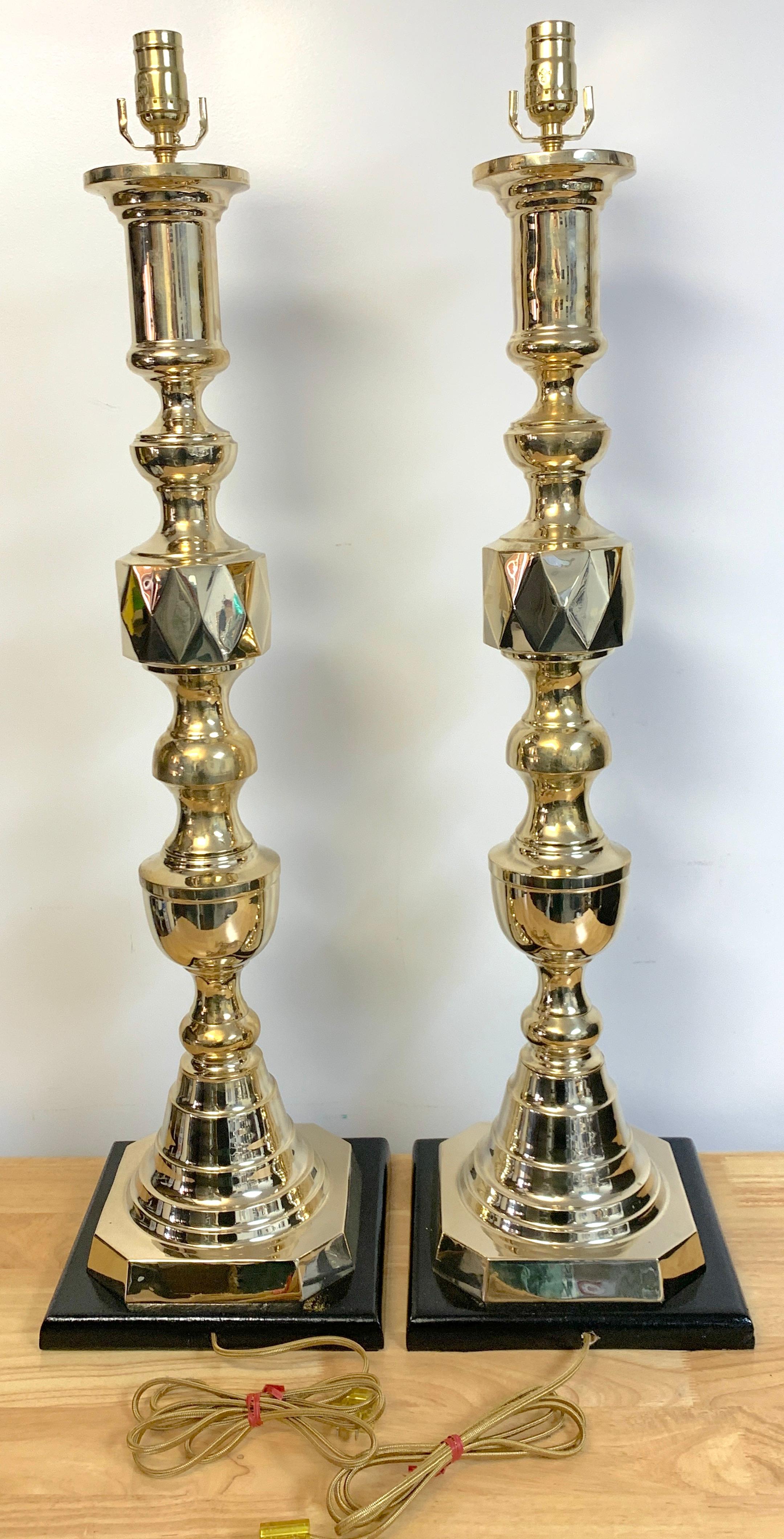 20th Century Pair of Monumental 'Ace of Diamonds' Brass Candlestick Lamps For Sale