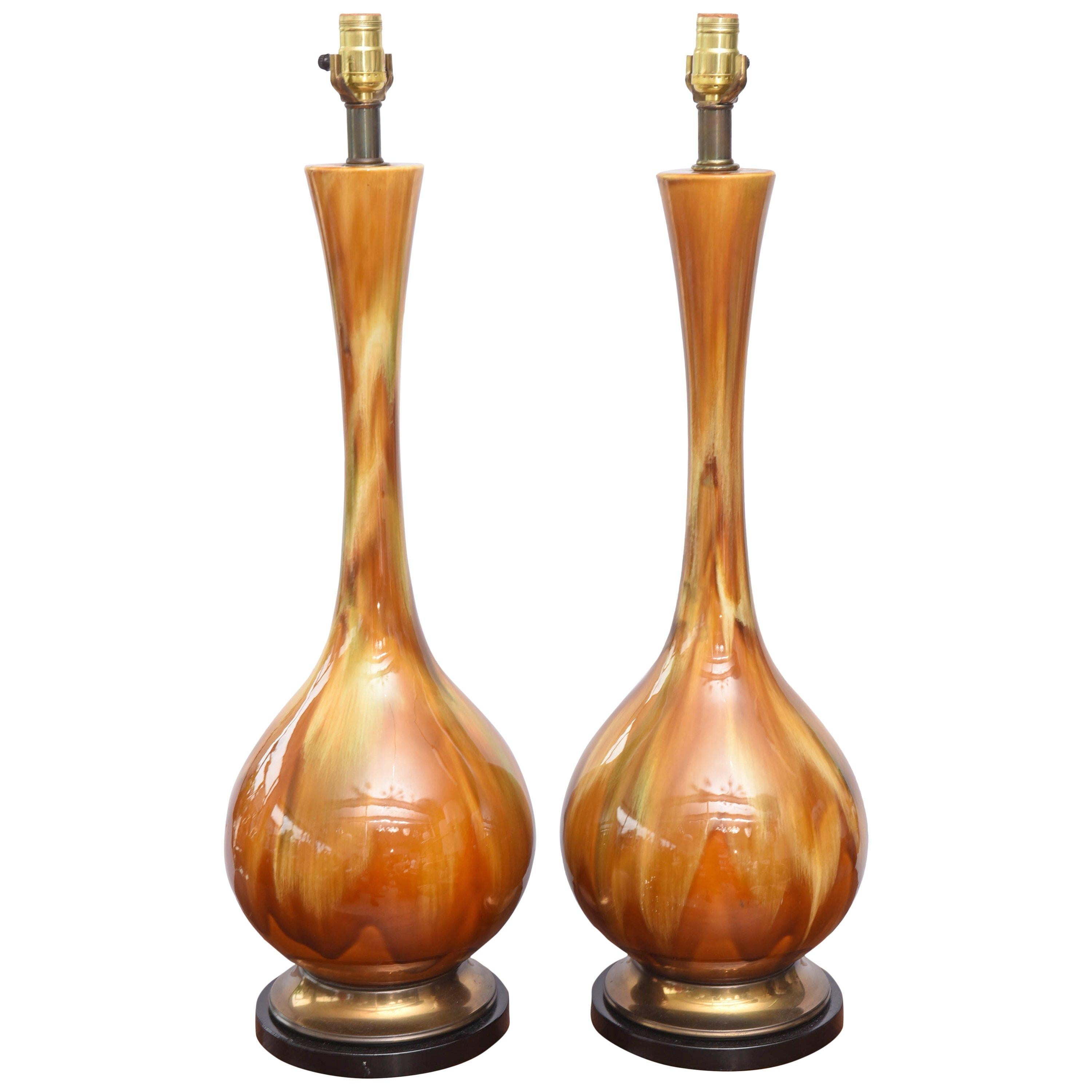 Pair of Monumental Amber Drip Glaze Table Lamps, 1950s USA