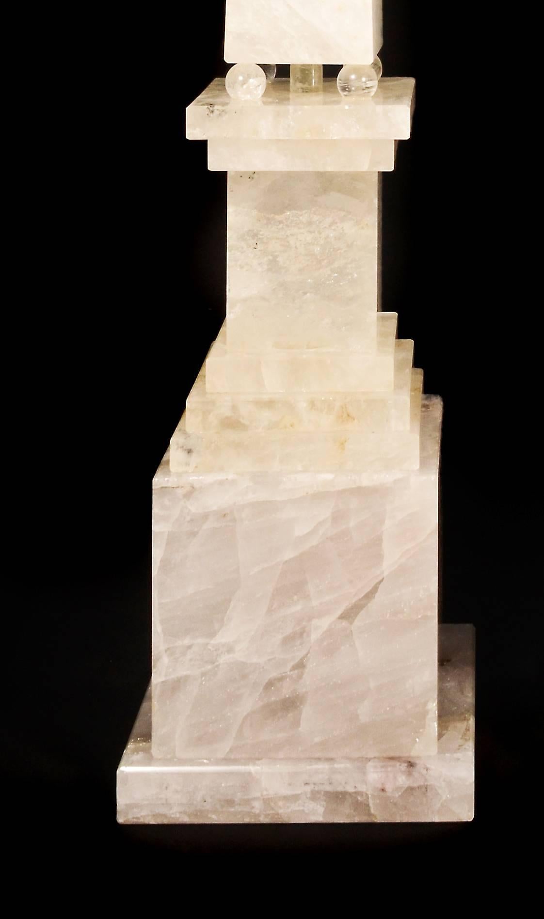 Hand-Carved Pair of Monumental and Large Art Deco Style Cut Rock Crystal Obelisks For Sale