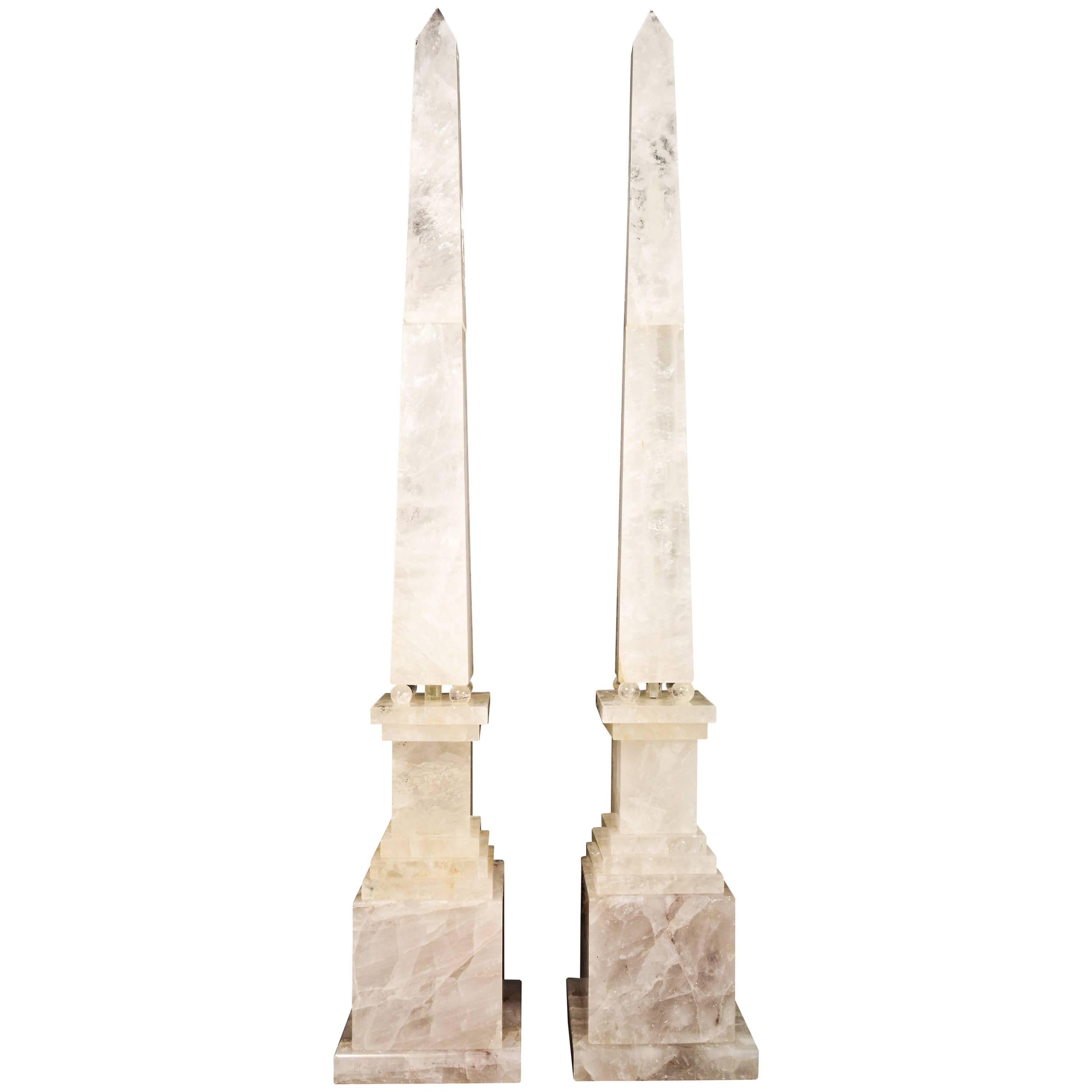 Pair of Monumental and Large Art Deco Style Cut Rock Crystal Obelisks