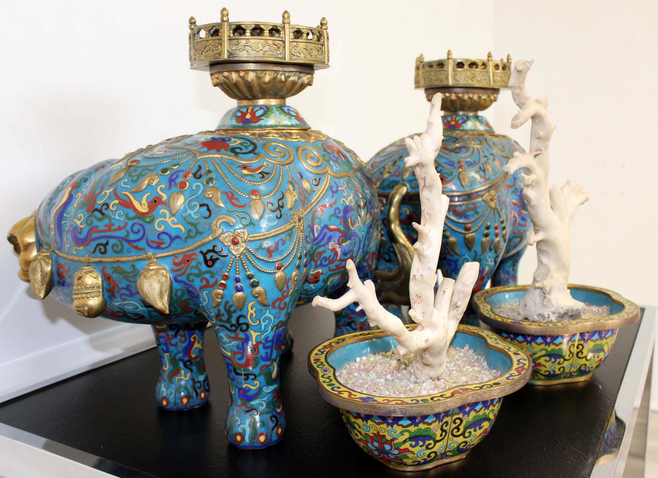 Pair of Monumental Antique Cloisonne Elephants with Branch Coral 8