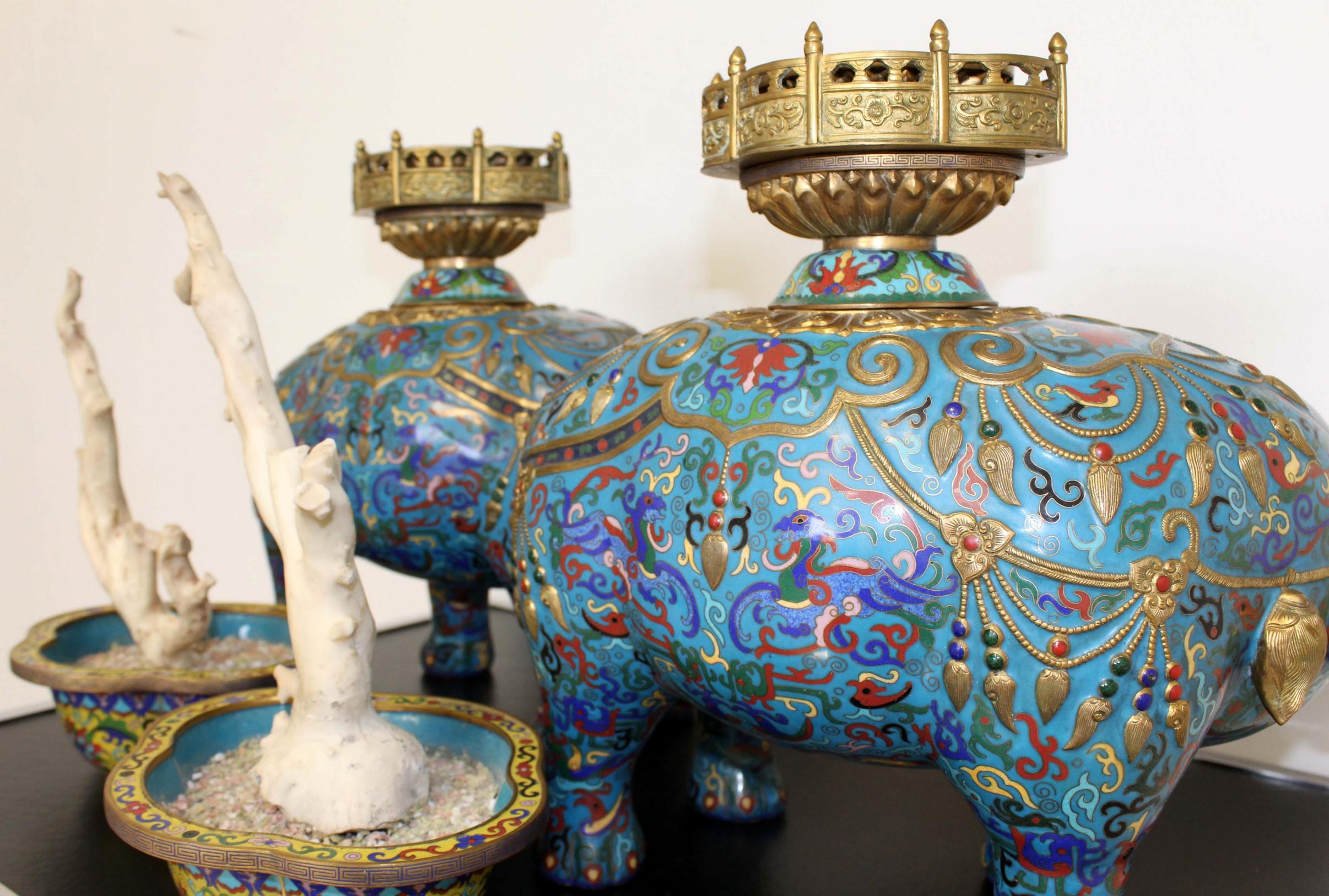 Pair of Monumental Antique Cloisonne Elephants with Branch Coral 9