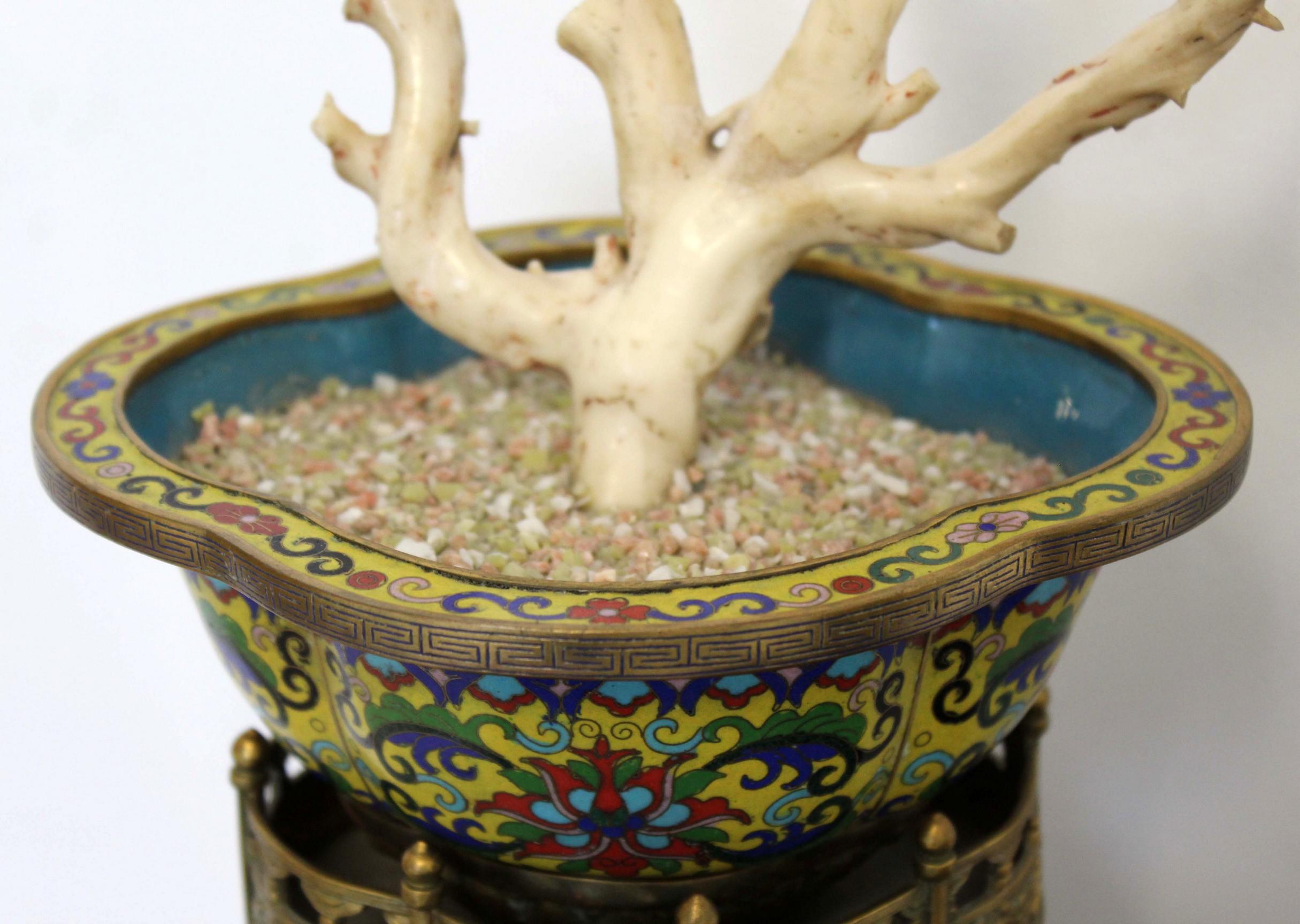 Pair of Monumental Antique Cloisonne Elephants with Branch Coral In Good Condition In Keego Harbor, MI