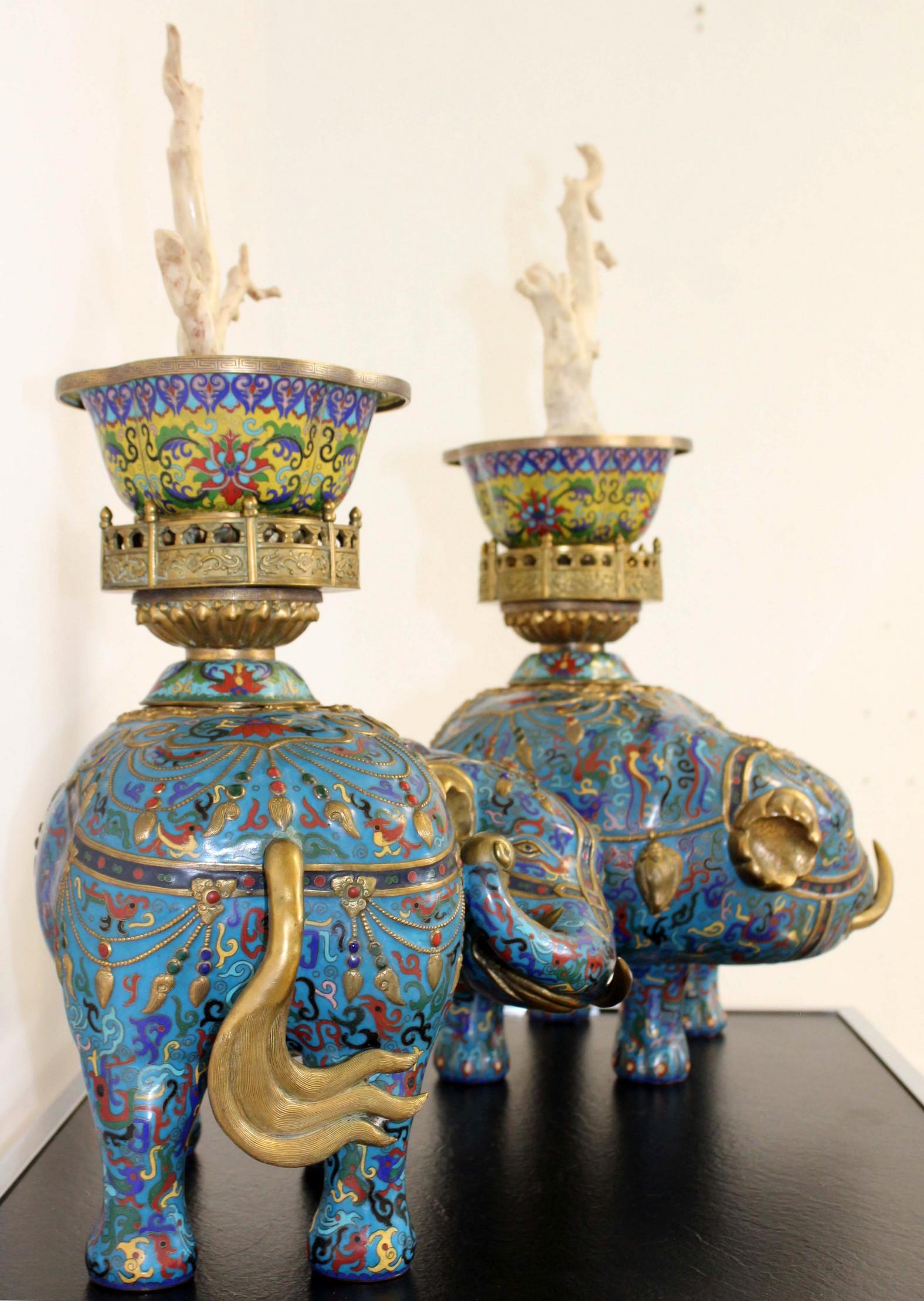 Pair of Monumental Antique Cloisonne Elephants with Branch Coral 1