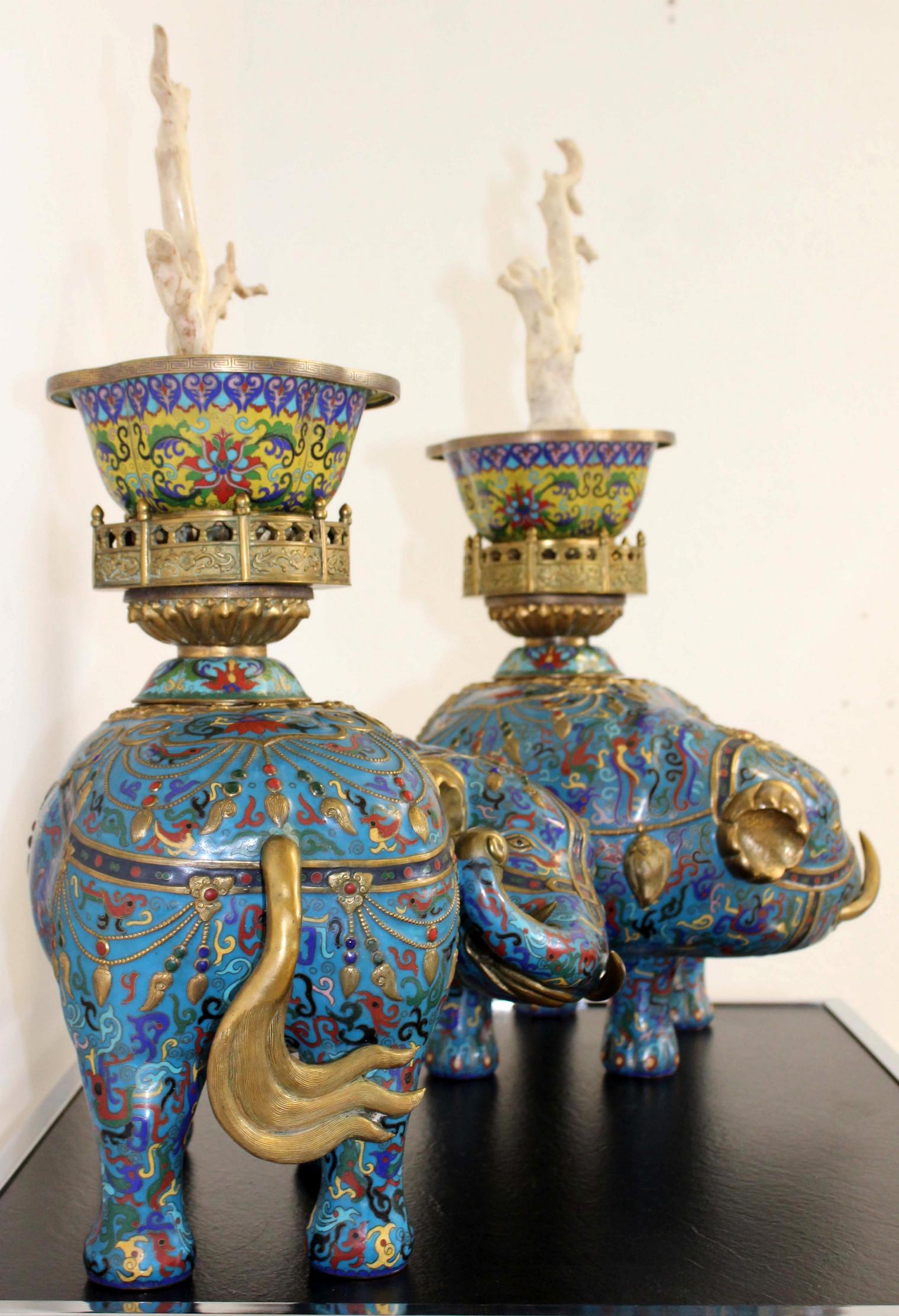 Pair of Monumental Antique Cloisonne Elephants with Branch Coral 2