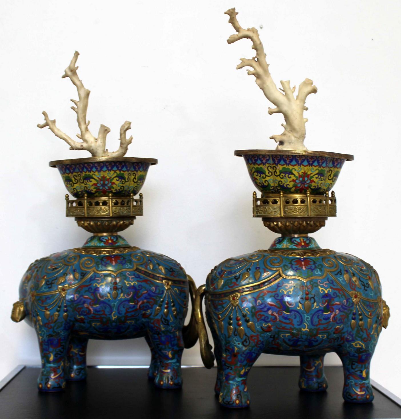 Pair of Monumental Antique Cloisonne Elephants with Branch Coral 3
