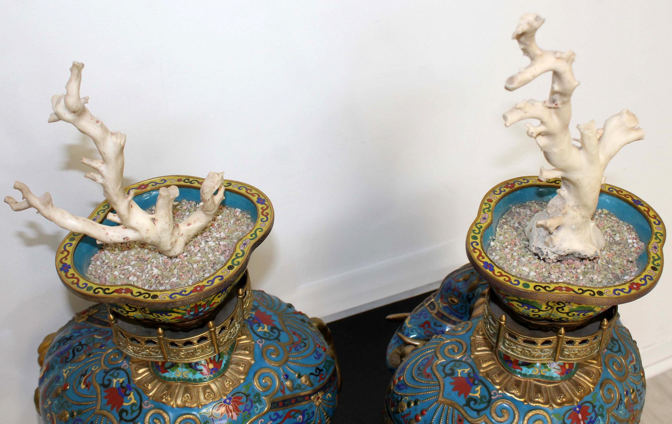 Pair of Monumental Antique Cloisonne Elephants with Branch Coral 4