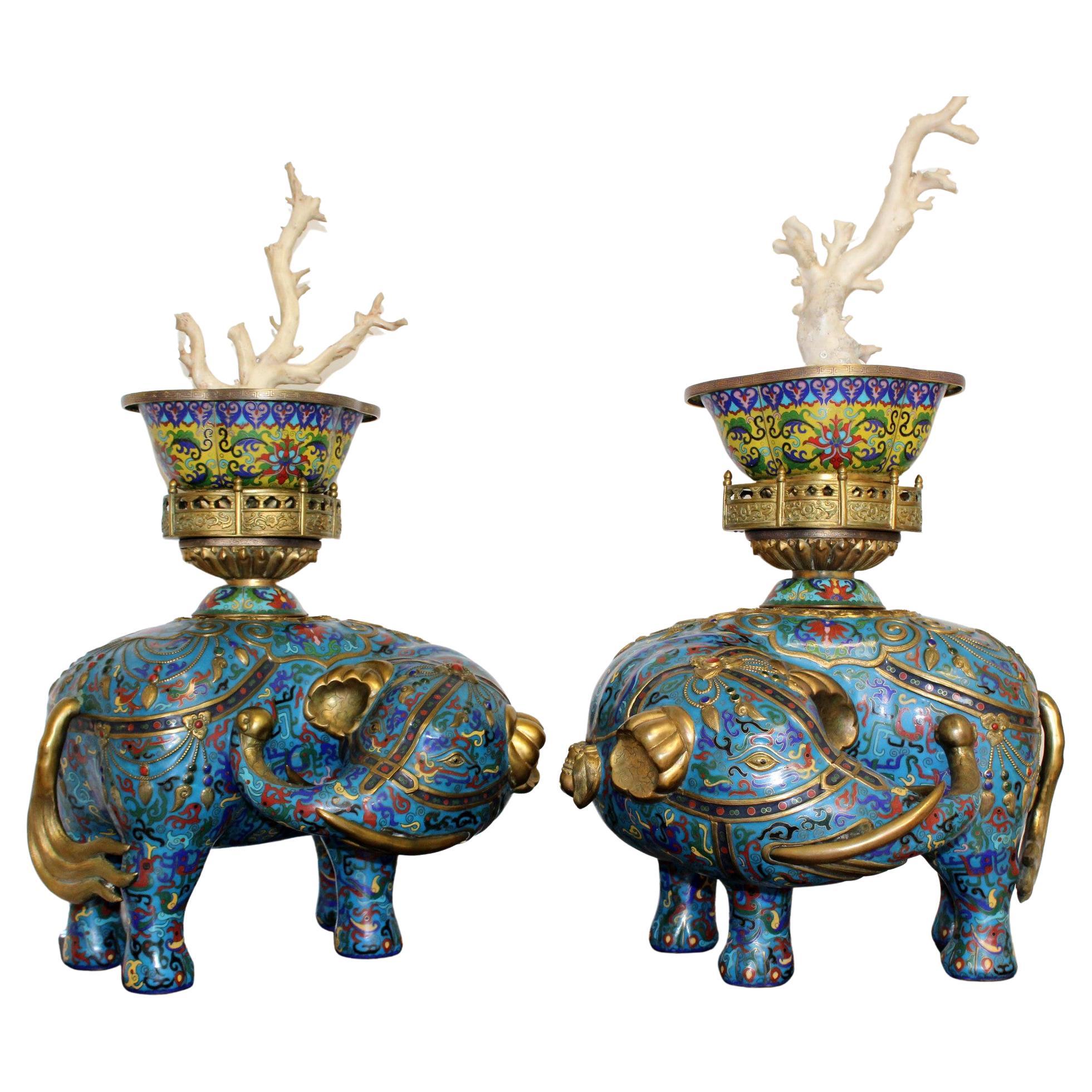 Pair of Monumental Antique Cloisonne Elephants with Branch Coral