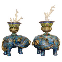 Pair of Monumental Antique Cloisonne Elephants with Branch Coral