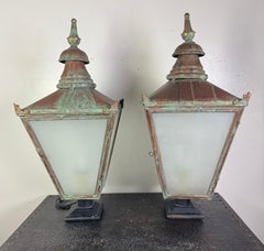 Pair of Monumental Antique Copper Street Lanterns with Verdigris Patina