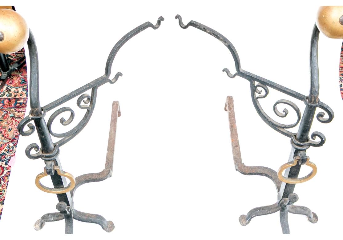Pair Of Monumental Antique Iron And Brass Andirons In Distressed Condition For Sale In Bridgeport, CT