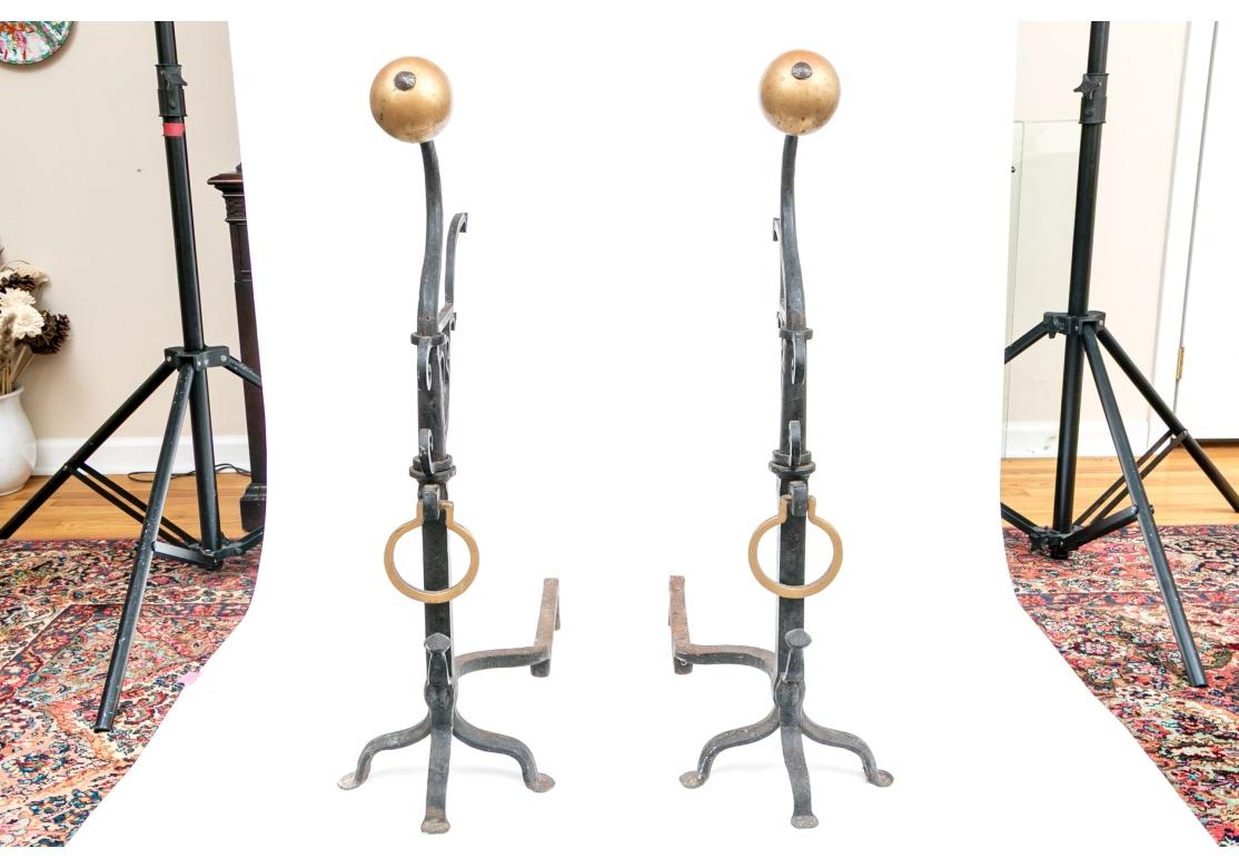 19th Century Pair Of Monumental Antique Iron And Brass Andirons For Sale