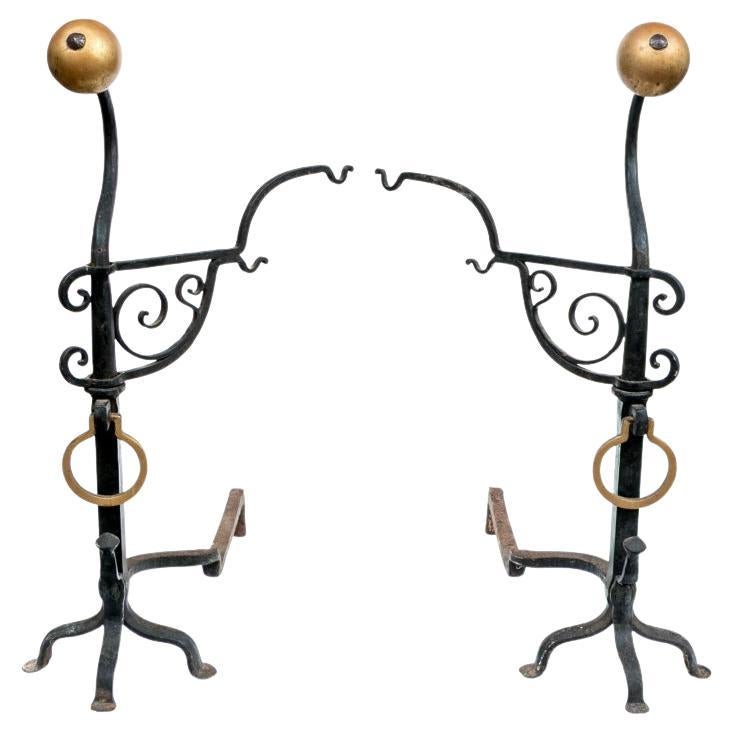 Pair Of Monumental Antique Iron And Brass Andirons For Sale