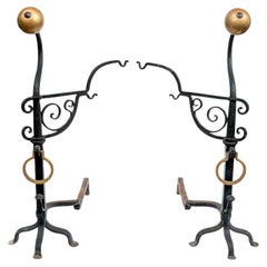 Pair Of Monumental Antique Iron And Brass Andirons