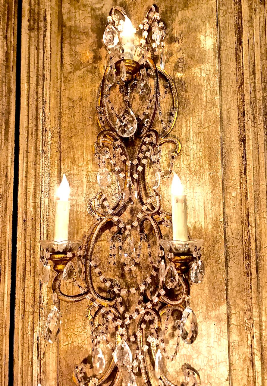 Rococo Revival Pair of Monumental Antique Italian Beaded Sconces, Mid-20th Century