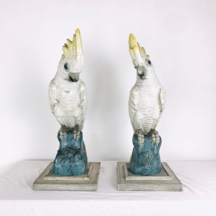 Mid-Century Modern Pair of Monumental Antique Porcelain Cockatoos