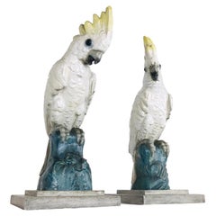 Pair of Monumental Antique Porcelain Cockatoos