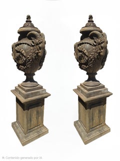Pair of Monumental Architectural Stone Urns with Ram Heads, Italy, 1940s