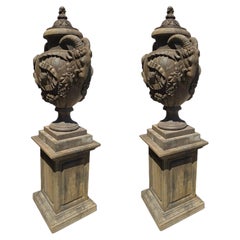 Pair of Monumental Architectural Stone Urns with Ram Heads, Italy, 1940s