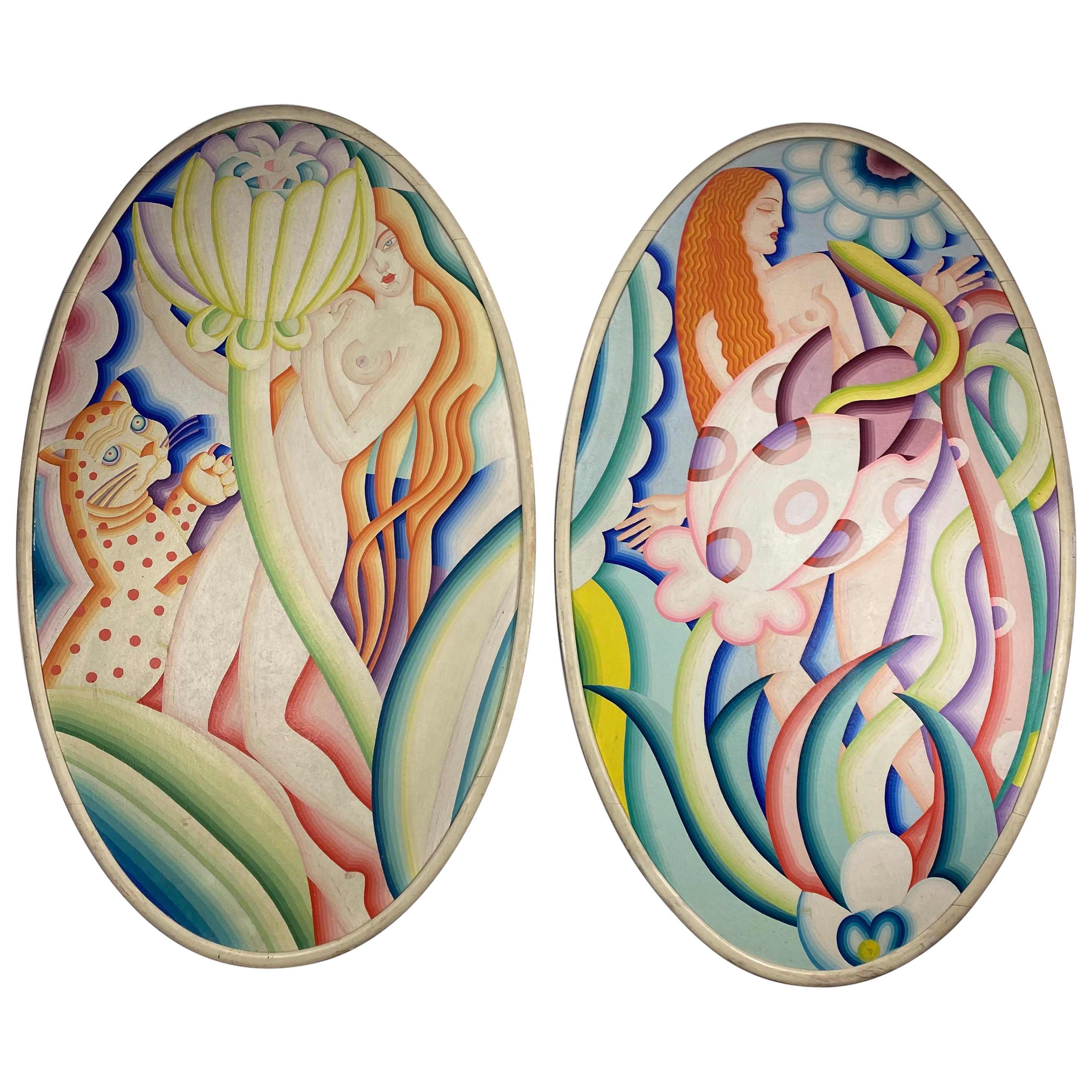 Pair of Monumental Art Deco Paintings, Stylized Woman