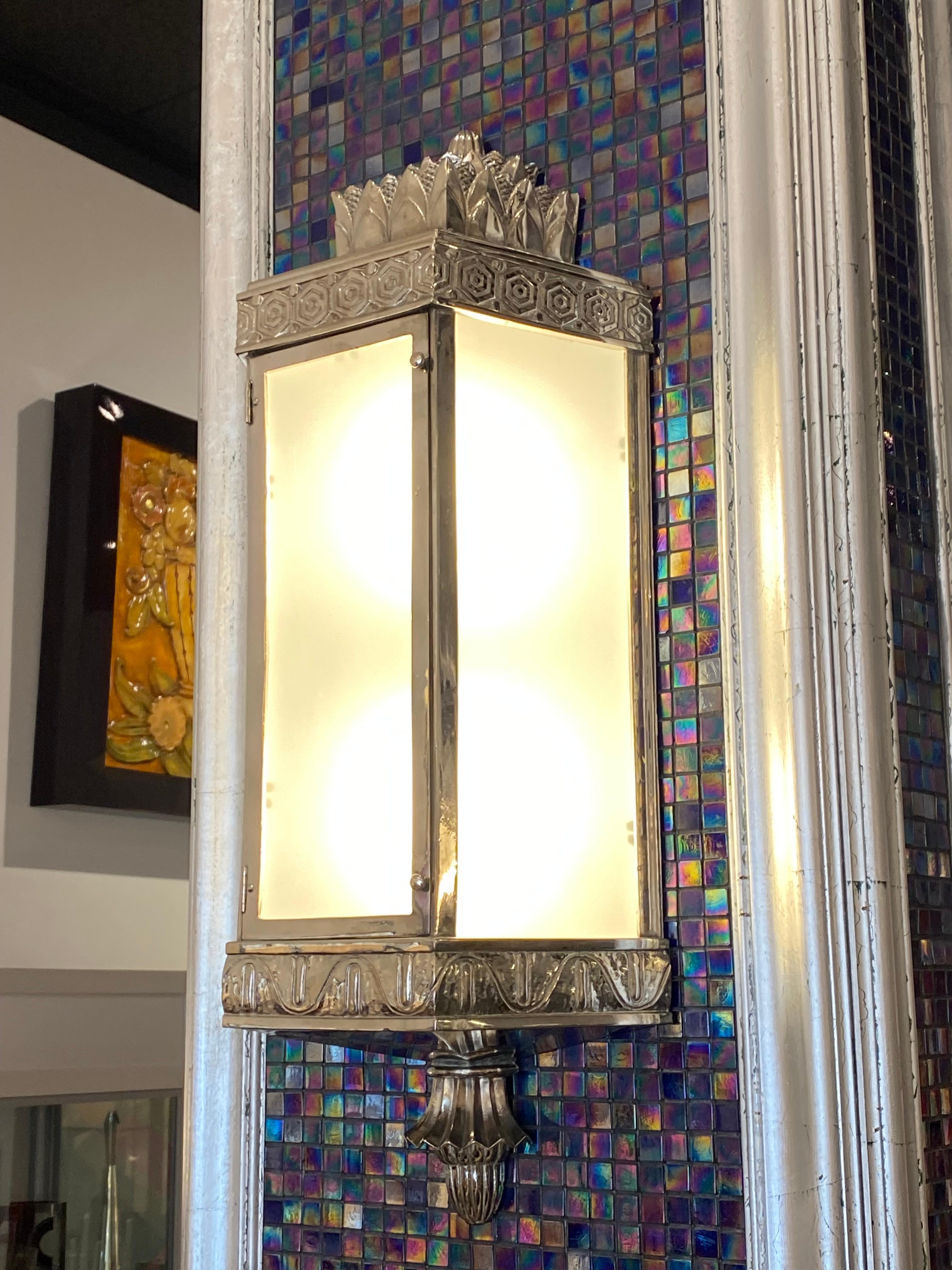 Plated Art Deco Pair of Monumental Sconces For Sale