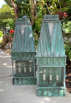 Pair of Monumental Art Deco Style Verdigris Copper & Brass Wall Lanterns